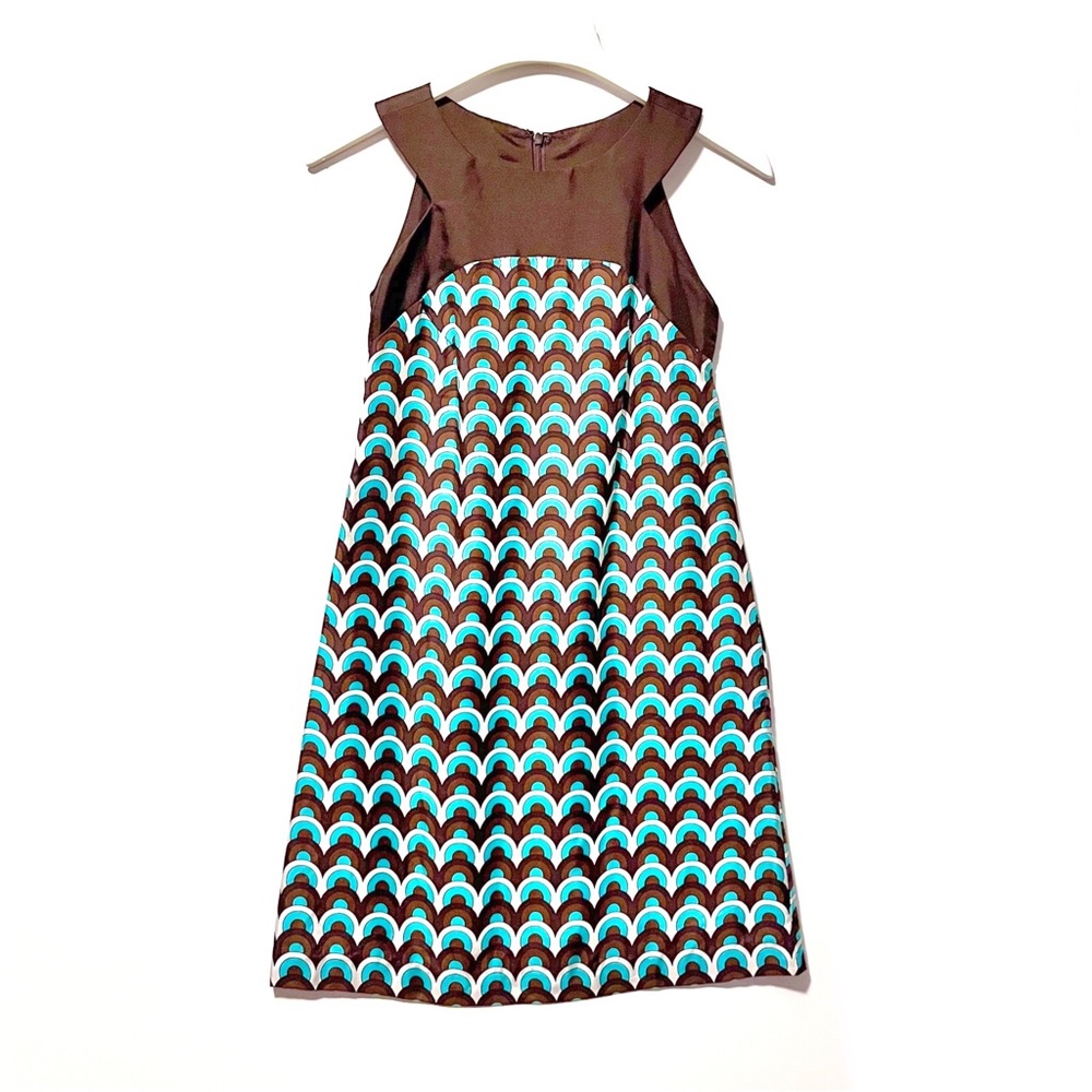 Milly of New York Vintage Silk Geometric Retro Shift Dress Grecian Collar Size 0